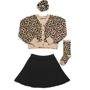 NWT RACHEL ZOE Girls 4pc Cheetah Cardigan and Skirt Set with Socks & Scrunchie